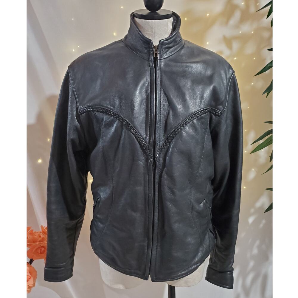 Fashions by Rose Vtg Leather Jacket Womens Size 14 Long Black Motorcycle Biker